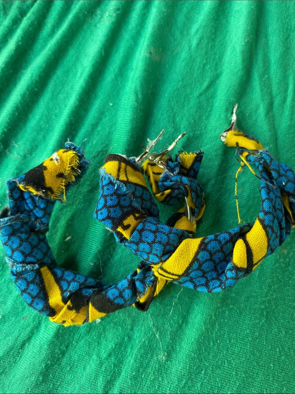 Handcrafted Blue and Yellow Fabric Hoop Earrings - Unbranded